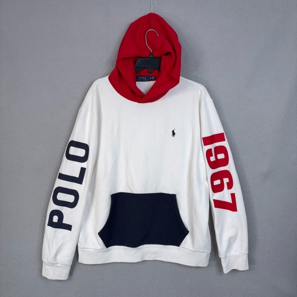 Polo Ralph Lauren Hoodie Mens XL White Colorblock Graphic Preppy Sport 1967